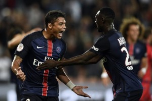 la joie des Parisiens Thiago Silva et Augustin face à Ajaccio en 2015